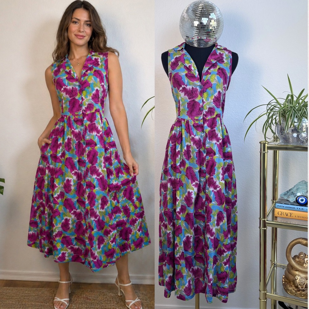 Vintage 90s Floral Cotton Button Up Midi Dress, Pink Blue Large CW Classics
